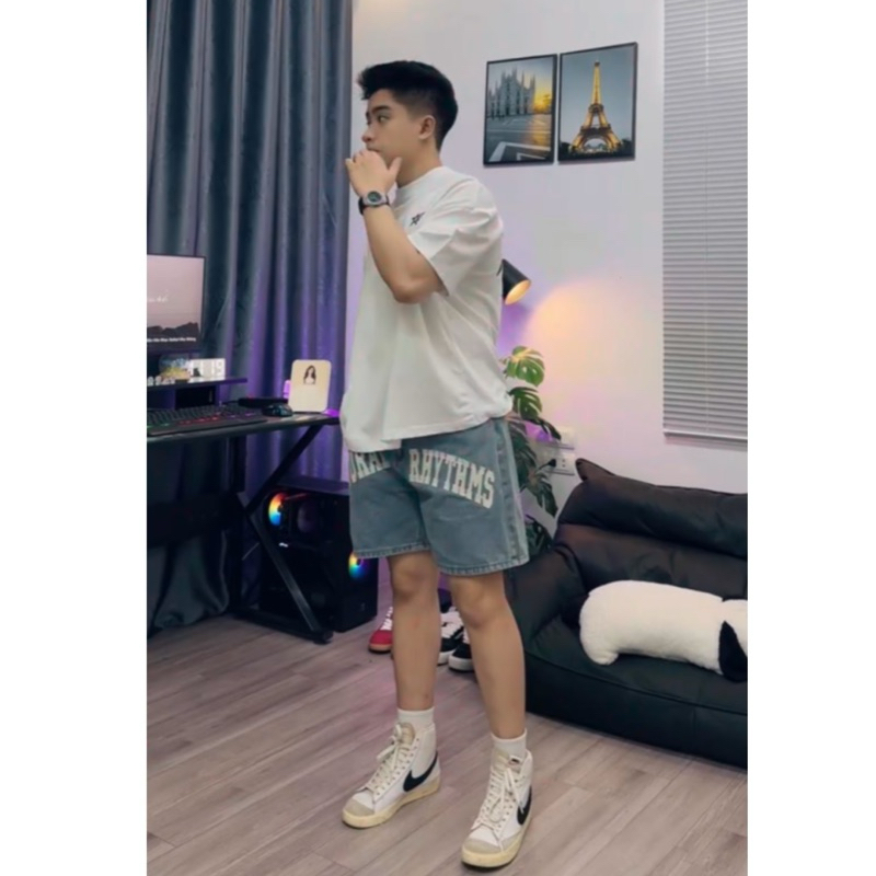 SHORT JEANS PHỐI CHỮ “NATURAL RHYTHMS”  - TMT.STU, UNISEX NAM NỮ, TRÊN GỐI. | TMTD35