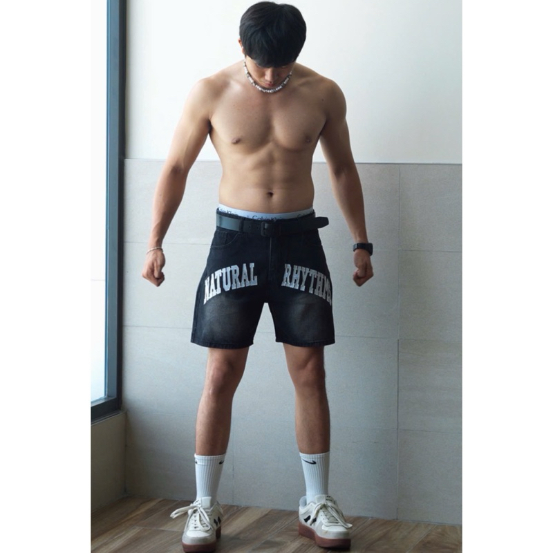 SHORT JEANS PHỐI CHỮ “NATURAL RHYTHMS”  - TMT.STU, UNISEX NAM NỮ, TRÊN GỐI. | TMTD35
