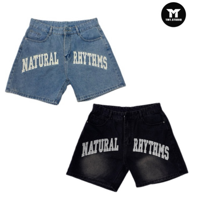 SHORT JEANS PHỐI CHỮ “NATURAL RHYTHMS”  - TMT.STU, UNISEX NAM NỮ, TRÊN GỐI. | TMTD35