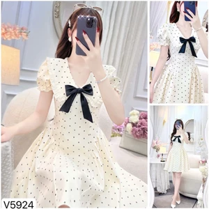ĐẦM Nữ Dáng Xòe Cổ Bẻ Lụa Chấm BI Kèm Thắt Nơ Viền Cổ THỜI TRANG