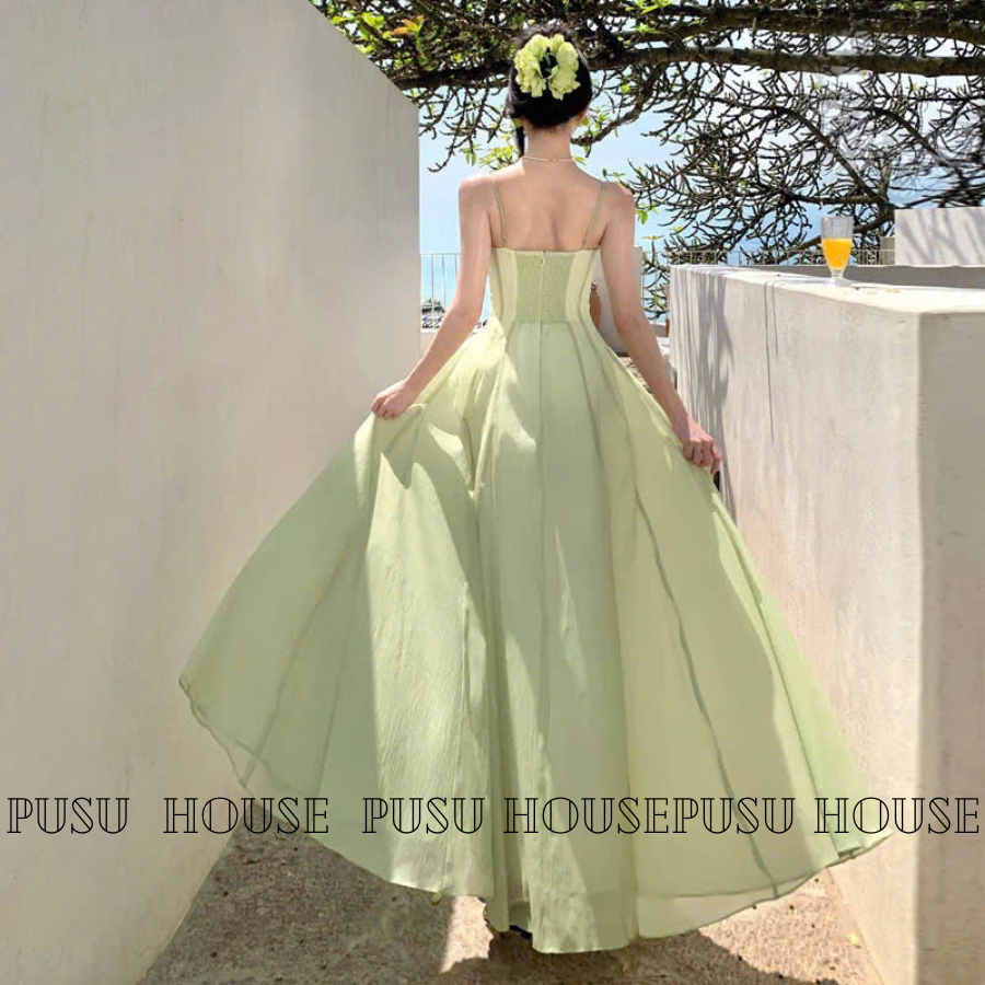 Đầm maxi tơ nhún ngực dáng xòe bồng 2 dây, tôn dáng dự tiệc dạo biển -PUSU HOUSE