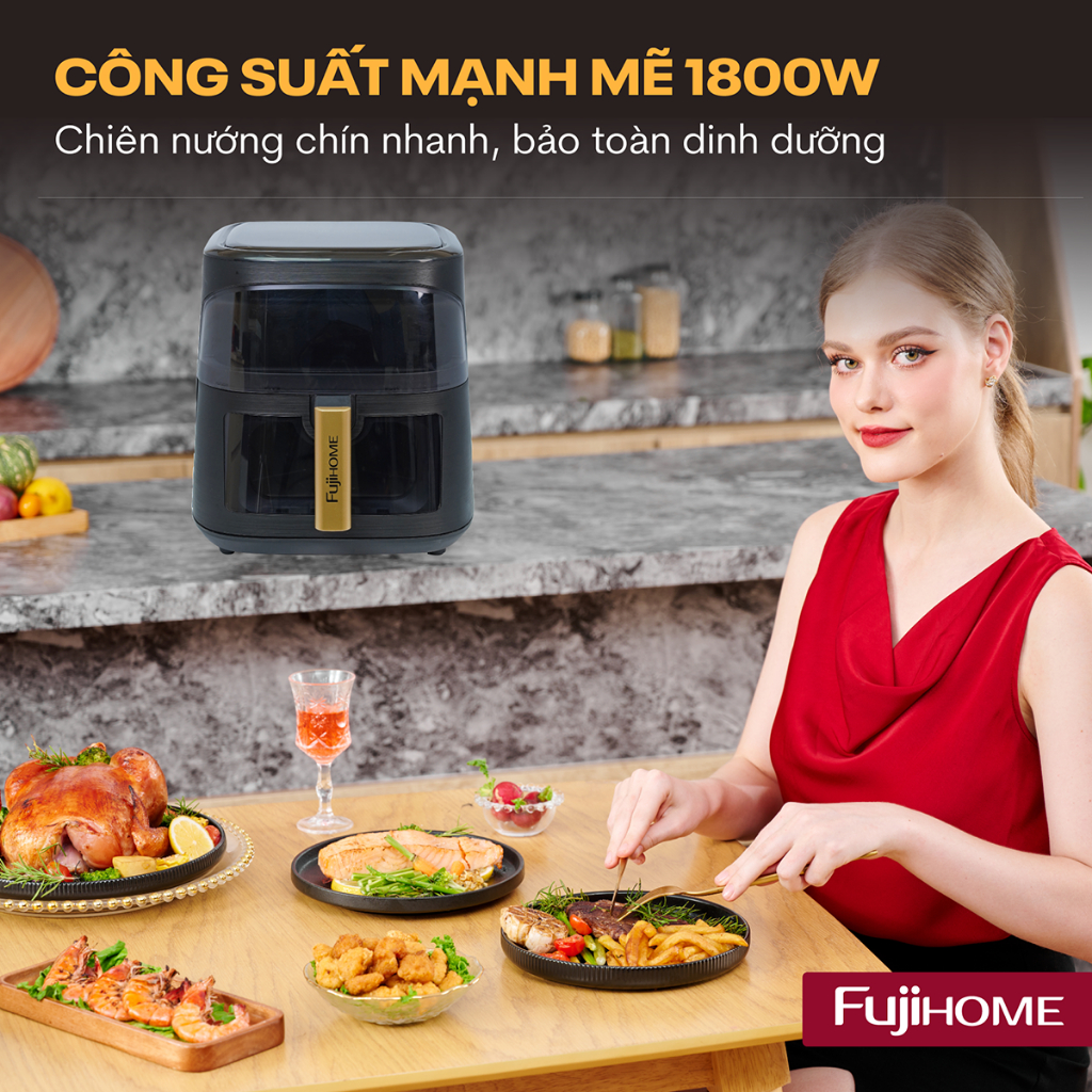 Nồi Chiên Không Khí 8 lít A8DG1NEW FUJIHOME kèm kẹp gắp, Nồi chiên không dầu 11 chế độ không cần lật trở an toàn