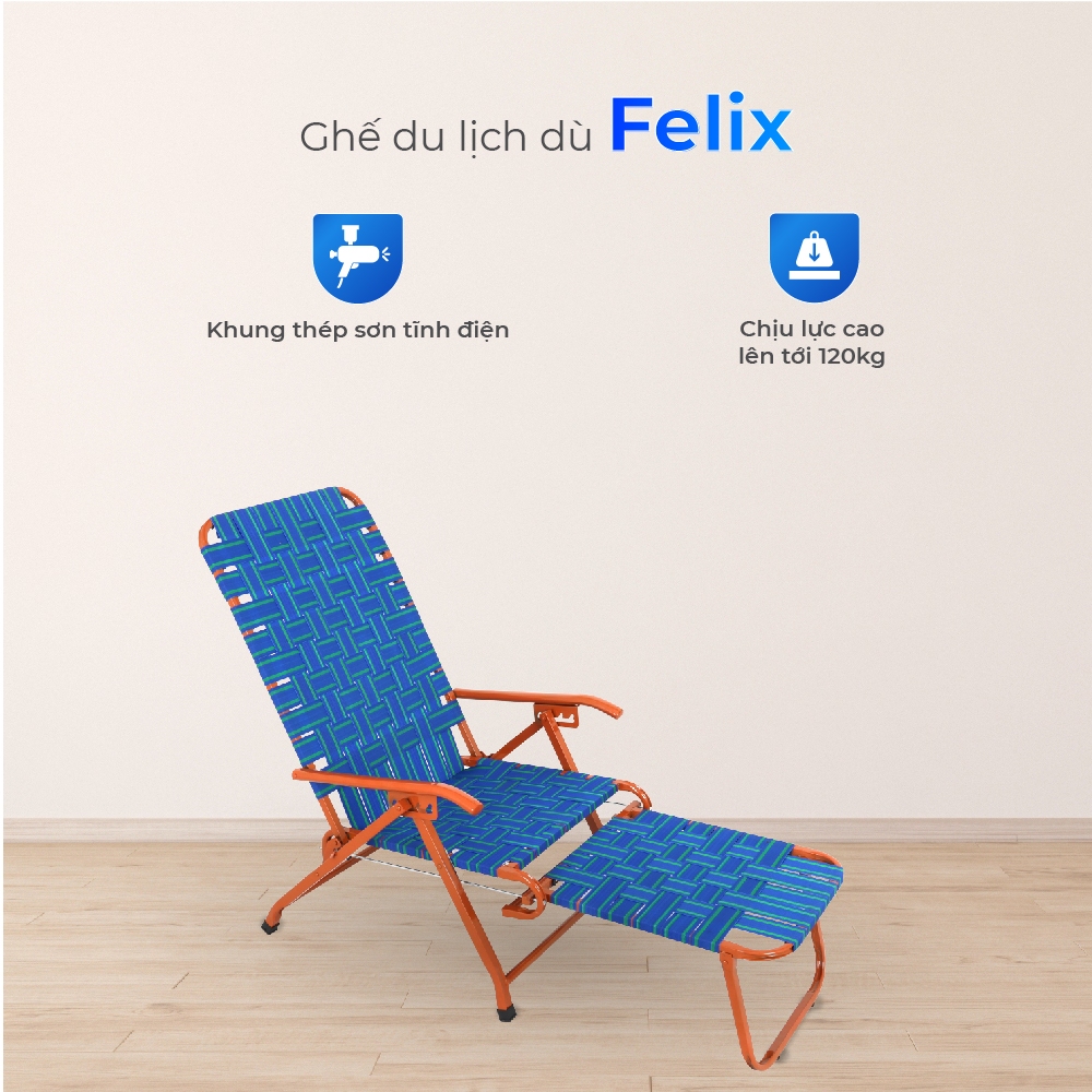 Ghế xếp gấp gọn Felix QUI PHÚC, dây dù bản to, đàn hồi tốt, tựa lưng thoải mái, có gác chân