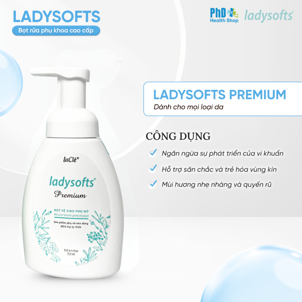 Combo 2 Chai Dung Dịch Vệ Sinh Phụ Nữ Dạng Bọt Ladysofts Premium Laclé Làm Sạch, Cân Bằng pH 250ml