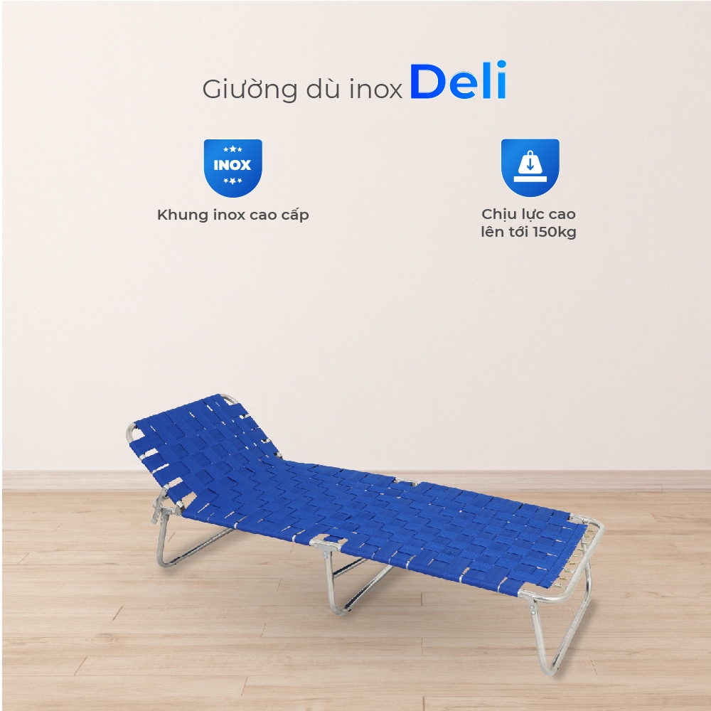 Giường gấp gọn inox Deli QUI PHÚC, dây dù bản lớn, thoáng khí, đàn hồi tốt, bền chắc, dễ dàng cất giữ, mang đi