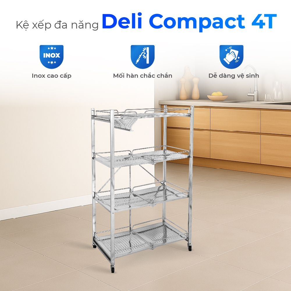 Kệ gấp gọn đa năng Deli Compact QUI PHÚC, 4 tầng, inox cao cấp, chắc chắn, xếp gọn dễ dàng