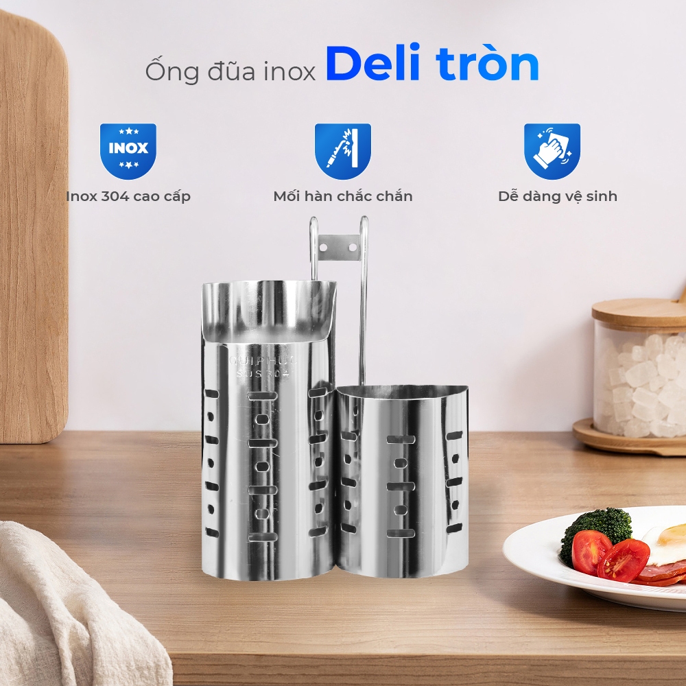 [HỎA TỐC] Ống đũa tròn Deli QUI PHÚC, inox 304 không gỉ, sáng bóng, an toàn vệ sinh, đựng đũa muỗng