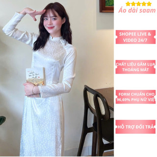 Áo dài học sinh gấm màu trắng áo dài saam tay dài họa tiết nổi mặc đi học , kỷ yếu, hội khóa 2026