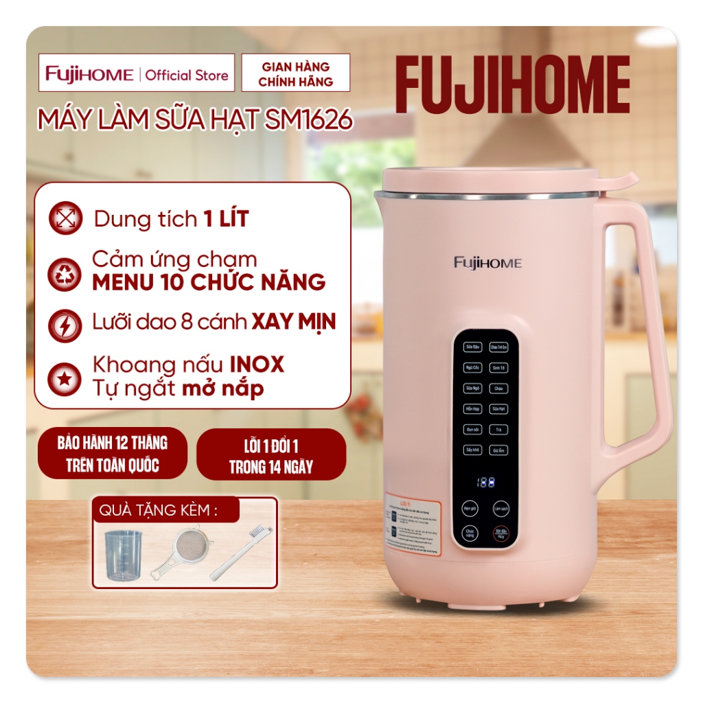 Máy làm sữa hạt 10 chức năng dung tích 1000ml Fujihome SM1626, Máy xay nấu đa năng, máy xay sinh tố, nấu cháo, đun nước