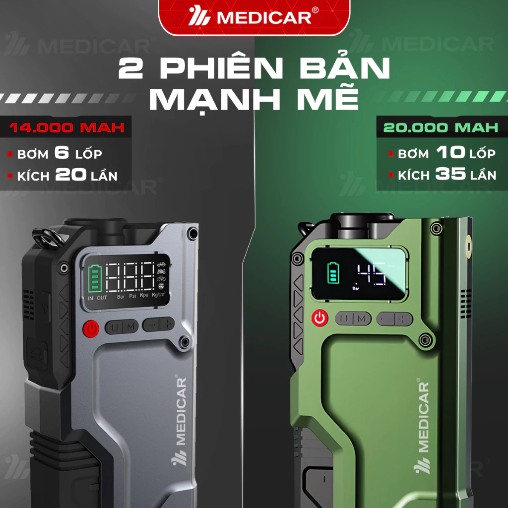 KÍCH BÌNH BƠM LỐP Ô TÔ V3 PRO 14.000mAh 4in1 Medicar - Tổng hợp Bơm lốp, Kích bình, Đèn chiếu sáng
