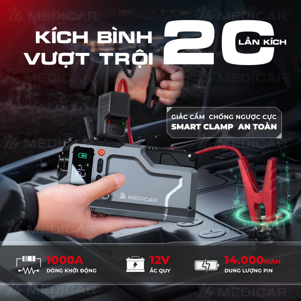 KÍCH BÌNH BƠM LỐP Ô TÔ V3 PRO 14.000mAh 4in1 Medicar - Tổng hợp Bơm lốp, Kích bình, Đèn chiếu sáng