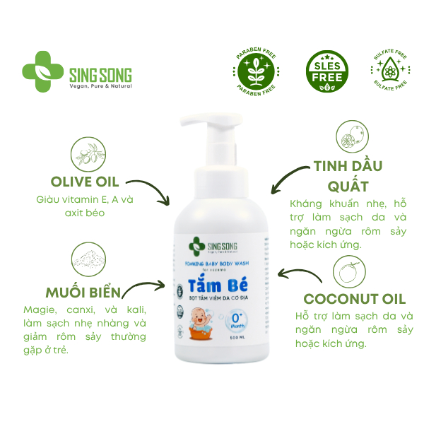 Sữa tắm tạo Bọt cho bé (Singsong Vegan), Viêm da cơ địa, Chàm Da, Vảy Nến, Eczema, Da Nhạy Cảm-500ml