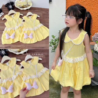 Váy hè,Váy thô Vàng mềm mát cổ sen mix viền ren tiểu thư kiểu dáng bí tặng kèm túi nơ hồng cho bé gái