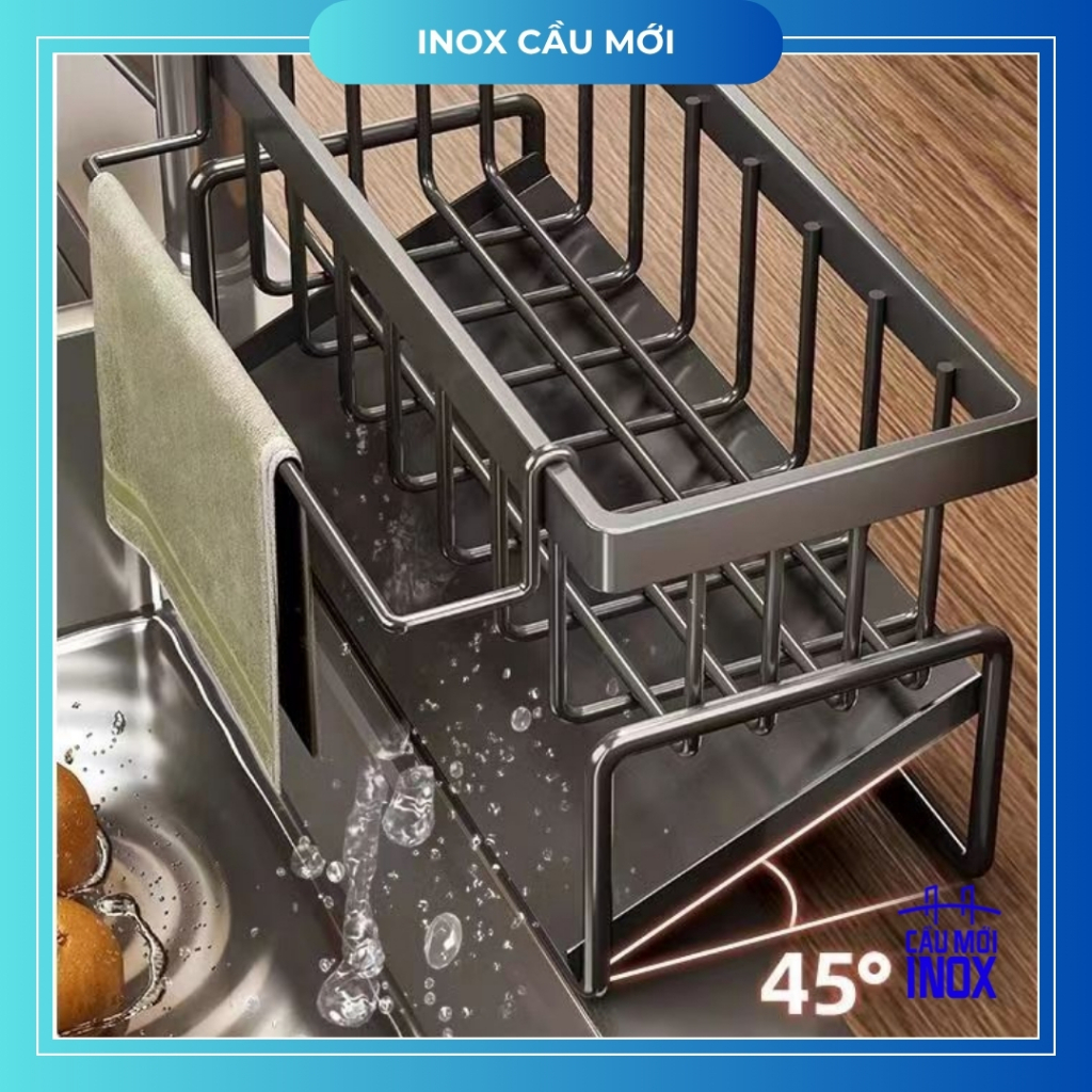 Kệ đựng đồ rửa chén bằng nhựa, bàng thép carbon có khay hứng nước nghiêng, để giẻ lau, nước rửa bát