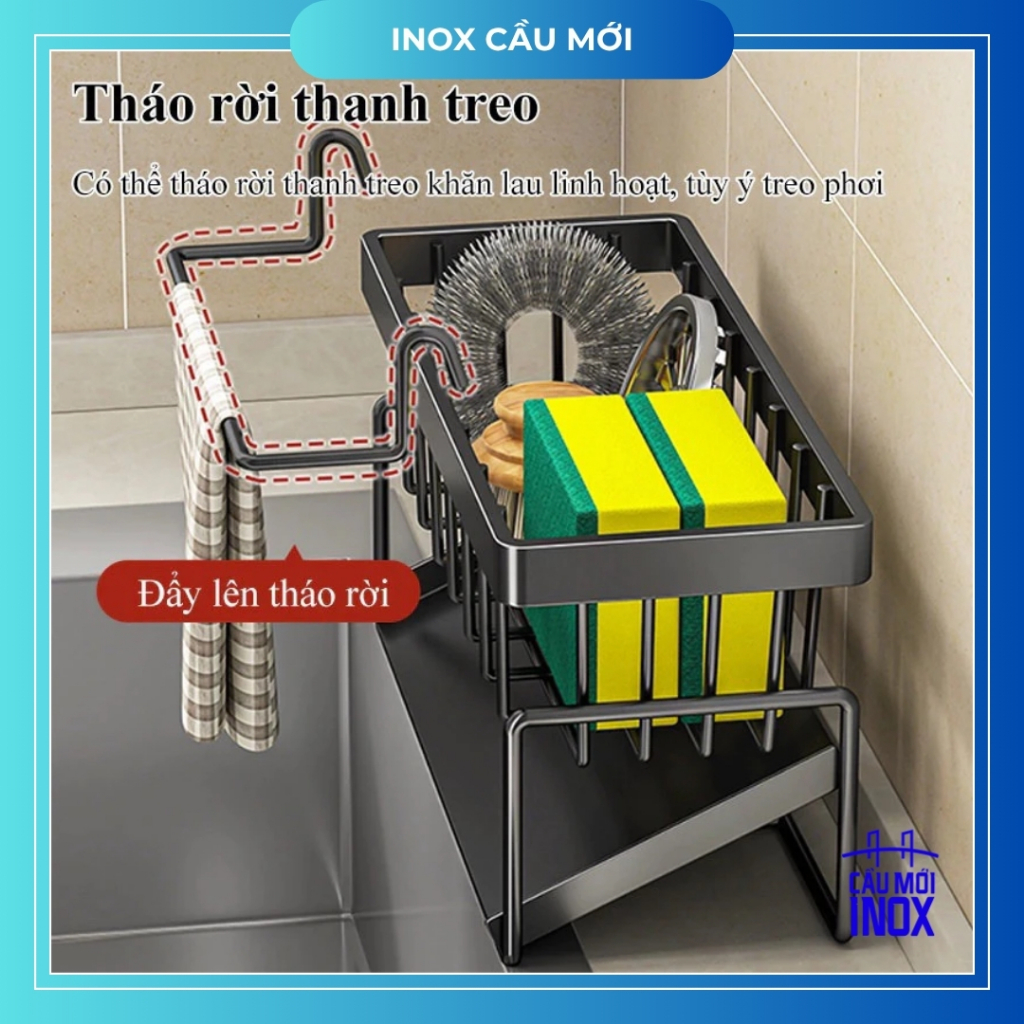 Kệ đựng đồ rửa chén bằng nhựa, bàng thép carbon có khay hứng nước nghiêng, để giẻ lau, nước rửa bát