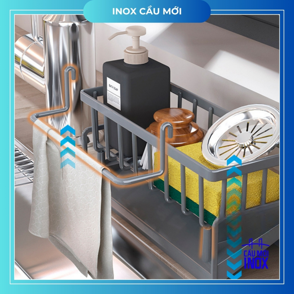 Kệ đựng đồ rửa chén bằng nhựa, bàng thép carbon có khay hứng nước nghiêng, để giẻ lau, nước rửa bát
