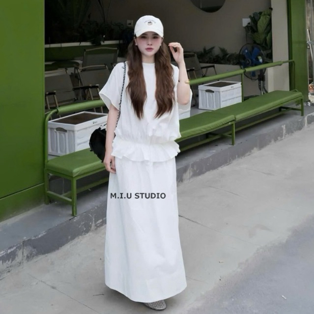 “Egeli Set” Set áo thô cổ tròn tay hến bo chun eo kèm chân váy dài xoè phong cách Hàn Quốc • MIU.STUDIO