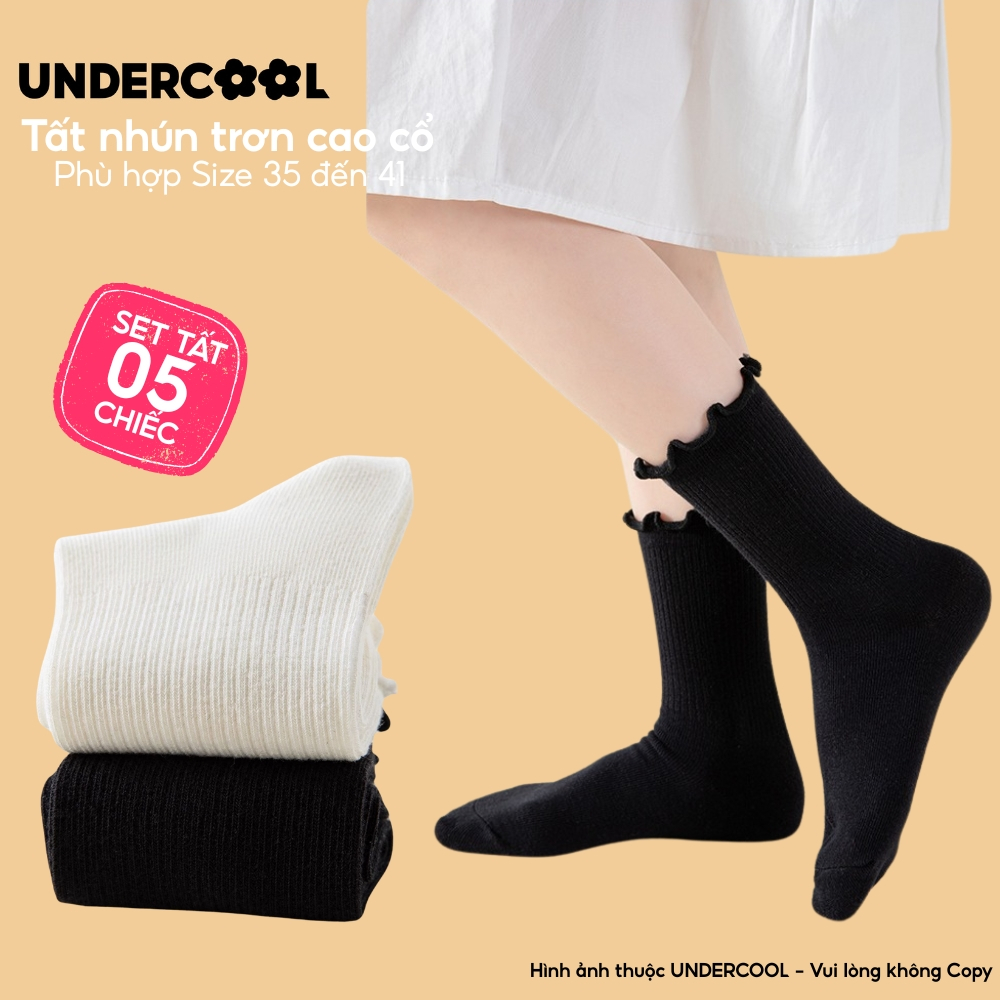 Combo 5 Đôi Tất Vớ Cổ Cao Nữ Bèo Nhún UNDERCOOL Cotton Trơn - Vớ chân Chất Cotton Êm Ái, Dày Dặn Mềm, Thoáng Khí CB-TC68