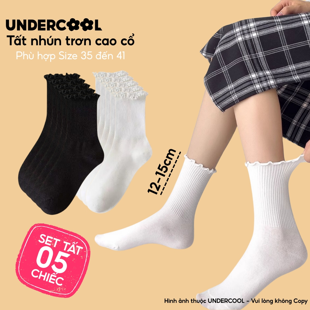 Combo 5 Đôi Tất Vớ Cổ Cao Nữ Bèo Nhún UNDERCOOL Cotton Trơn - Vớ chân Chất Cotton Êm Ái, Dày Dặn Mềm, Thoáng Khí CB-TC68