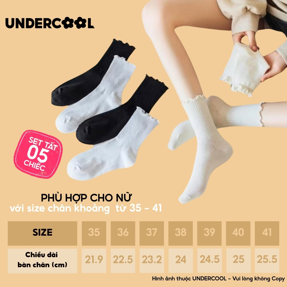 Combo 5 Đôi Tất Vớ Cổ Cao Nữ Bèo Nhún UNDERCOOL Cotton Trơn - Vớ chân Chất Cotton Êm Ái, Dày Dặn Mềm, Thoáng Khí CB-TC68