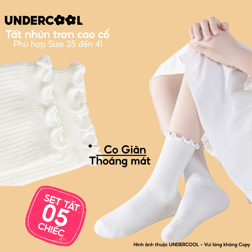 Combo 5 Đôi Tất Vớ Cổ Cao Nữ Bèo Nhún UNDERCOOL Cotton Trơn - Vớ chân Chất Cotton Êm Ái, Dày Dặn Mềm, Thoáng Khí CB-TC68
