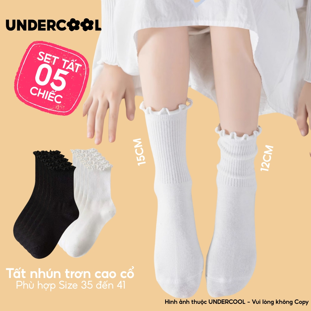 Combo 5 Đôi Tất Vớ Cổ Cao Nữ Bèo Nhún UNDERCOOL Cotton Trơn - Vớ chân Chất Cotton Êm Ái, Dày Dặn Mềm, Thoáng Khí CB-TC68