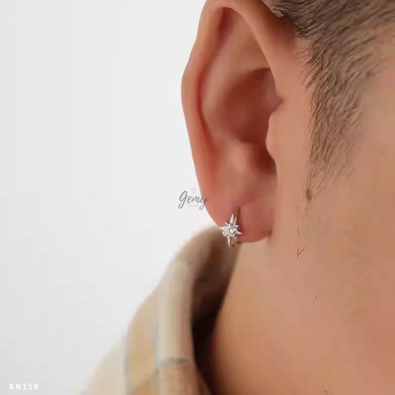 Khuyên tai tròn nam bạc 925 Starlight 3 thiết kế ngôi sao đính đá unisex (1 chiếc) KN158 | GEMY SILVER