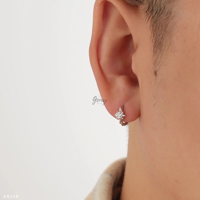Khuyên tai tròn nam bạc 925 Starlight 3 thiết kế ngôi sao đính đá unisex (1 chiếc) KN158 | GEMY SILVER