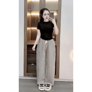 Sét Bộ Quần đũi kẻ vằn dáng dài + mix áo thun croptop tăm trơn form rộng tay lỡ
