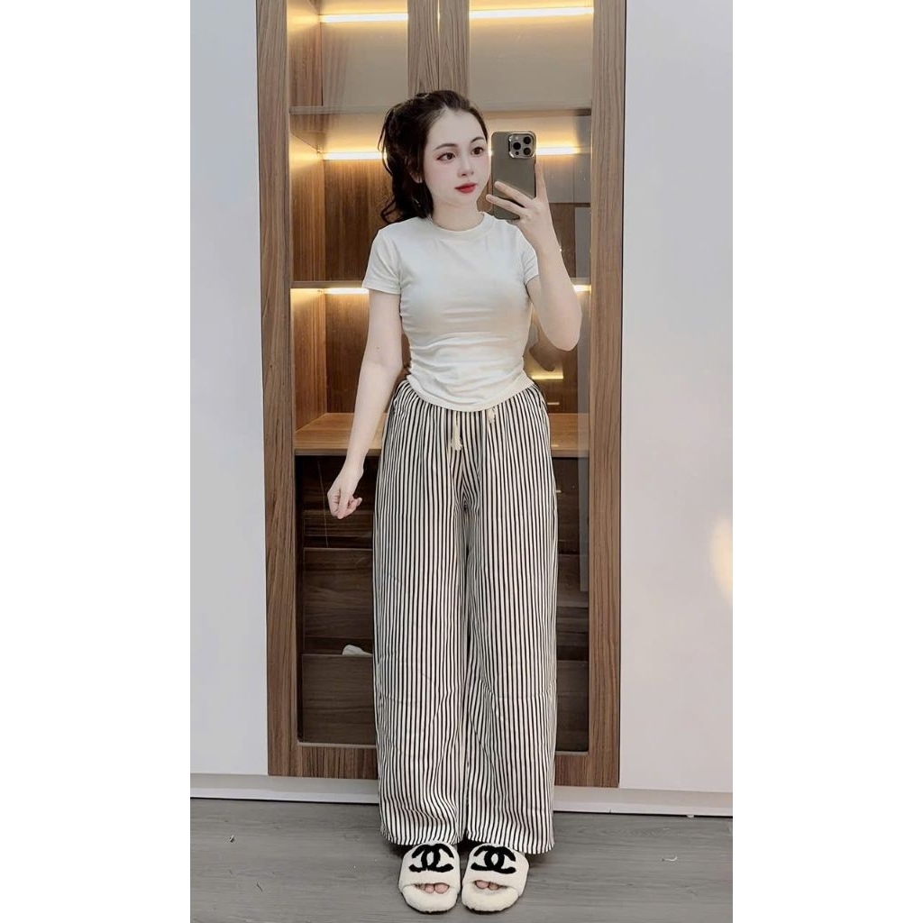Sét Bộ Quần đũi kẻ vằn dáng dài + mix áo thun croptop tăm trơn form rộng tay lỡ