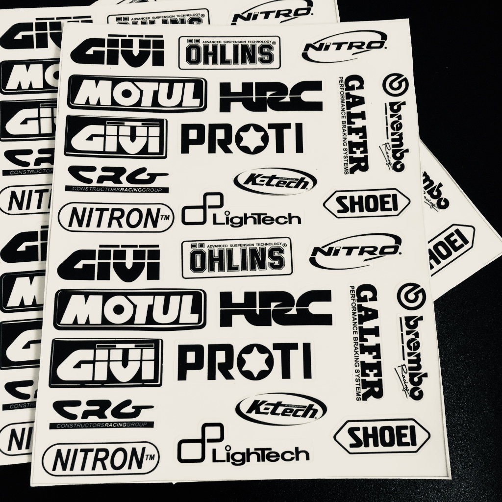 Bộ logo trong suốt [giá 1 tờ]. Hình dán decal siêu dính, chống nước, tem đua trang trí xe máy