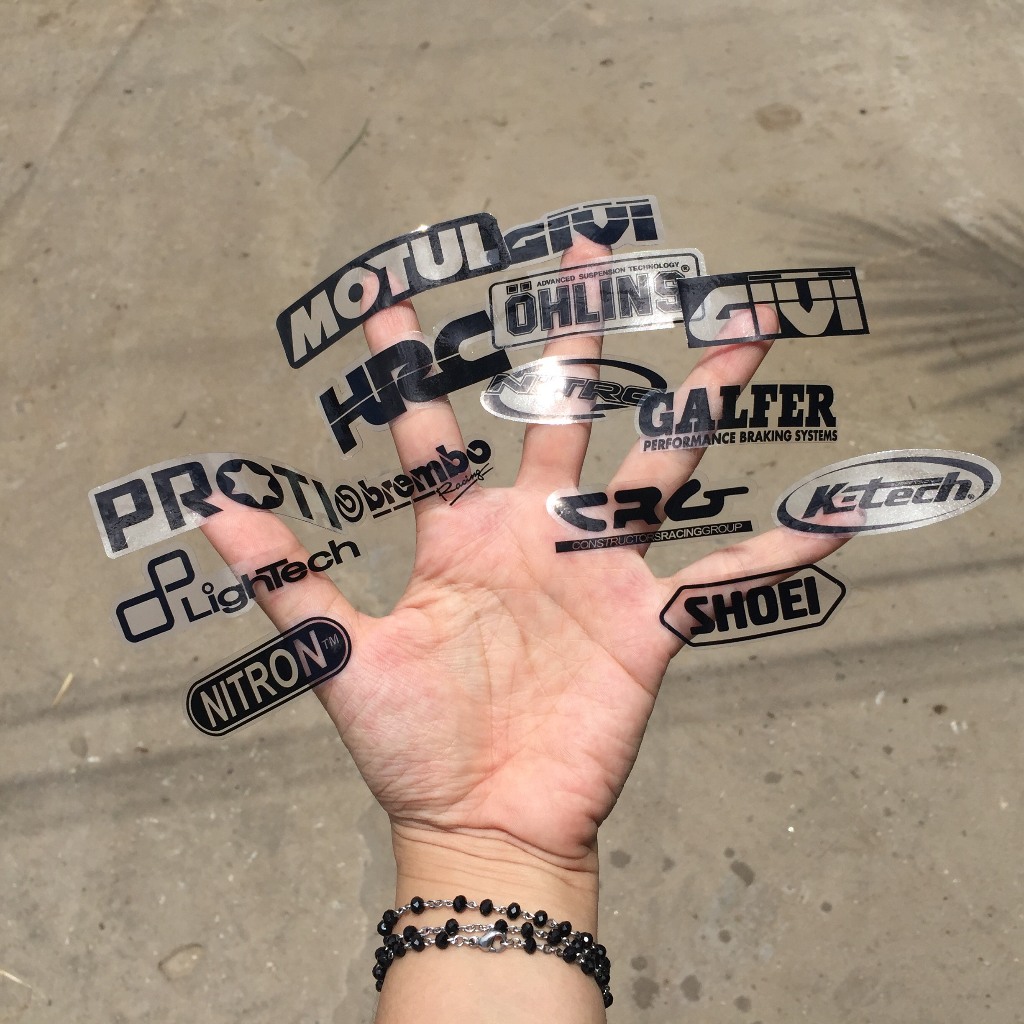 Bộ logo trong suốt [giá 1 tờ]. Hình dán decal siêu dính, chống nước, tem đua trang trí xe máy