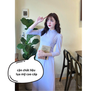 Áo dài học sinh tay phồng lụa mỹ mềm mịn mát tay lỡ cổ v đi học, kỉ yếu, hội khóa 2025