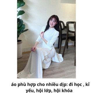 Áo dài học sinh tay phồng lụa mỹ mềm mịn mát tay lỡ cổ v đi học, kỉ yếu, hội khóa 2025