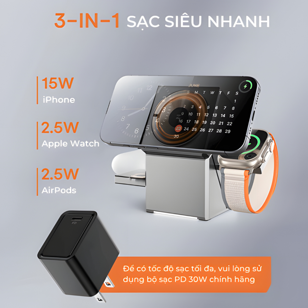 [Hàng Sẵn Giao Ngay] Trạm sạc SMARTPHONE không dây xoay tự động 3 trong 1