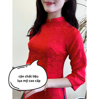 Áo dài gấm thanh liễu áo dài saam thiết kế tay lỡ chất liệu cao cấp màu đỏ kèm quần trẻ trung 2025