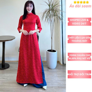 Áo dài gấm thanh liễu áo dài saam thiết kế tay lỡ chất liệu cao cấp màu đỏ kèm quần trẻ trung 2025