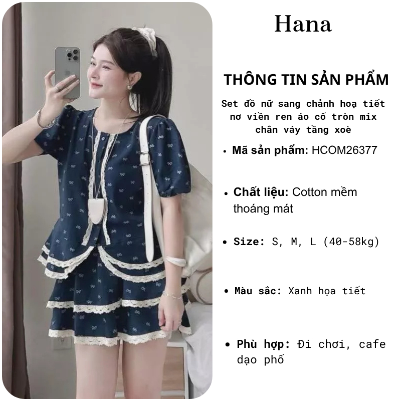 Set đồ nữ sang chảnh hoạ tiết nơ viền ren áo cổ tròn mix chân váy tầng xoè, bộ đồ nữ mùa hè tiểu thư HCOM26377