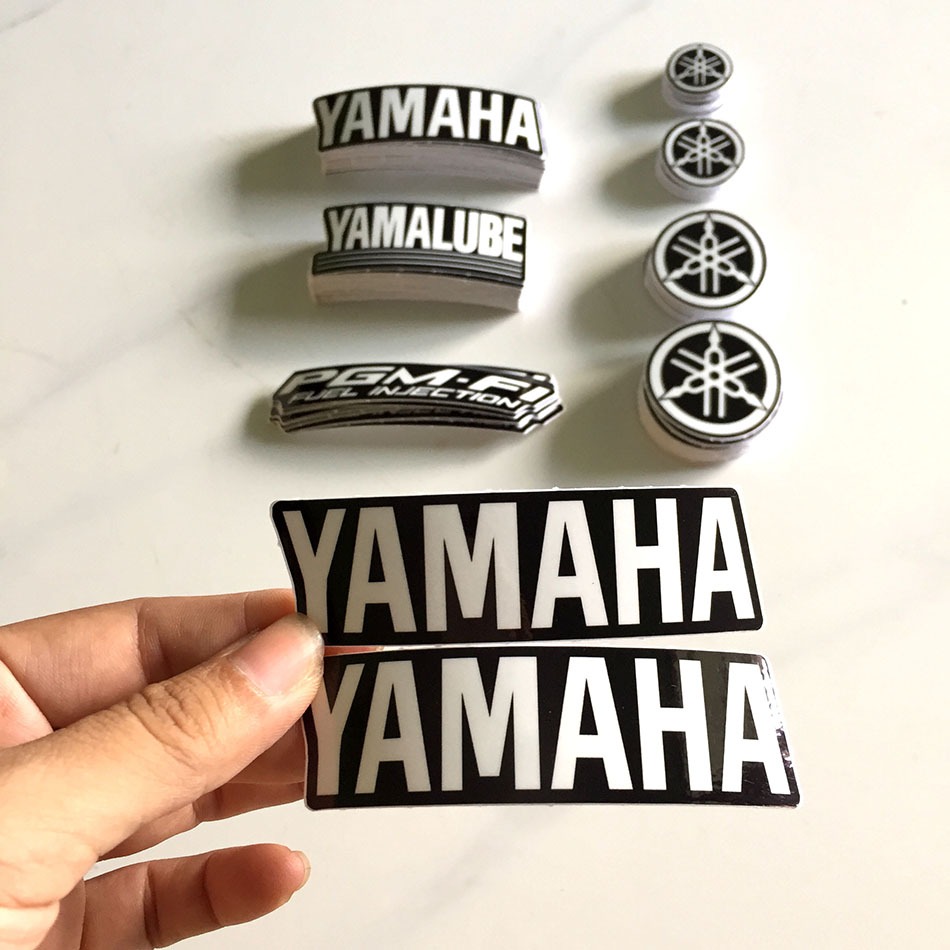 2 tem Logo Yamaha, Yamalube, PGM FI. Sticker trắng đen. Decal cao cấp chống nước, không bay màu, bong tróc.