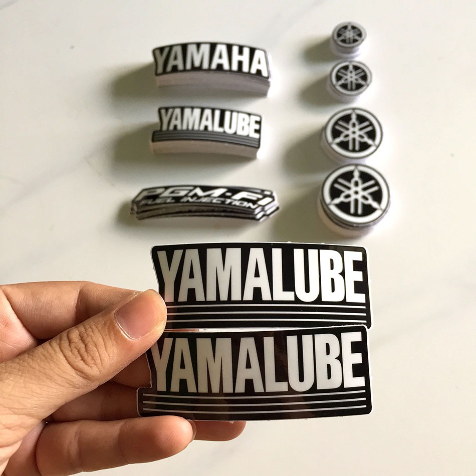 2 tem Logo Yamaha, Yamalube, PGM FI. Sticker trắng đen. Decal cao cấp chống nước, không bay màu, bong tróc.