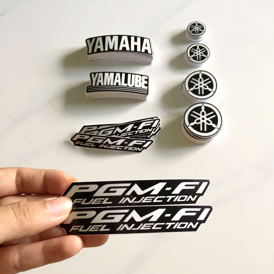 2 tem Logo Yamaha, Yamalube, PGM FI. Sticker trắng đen. Decal cao cấp chống nước, không bay màu, bong tróc.