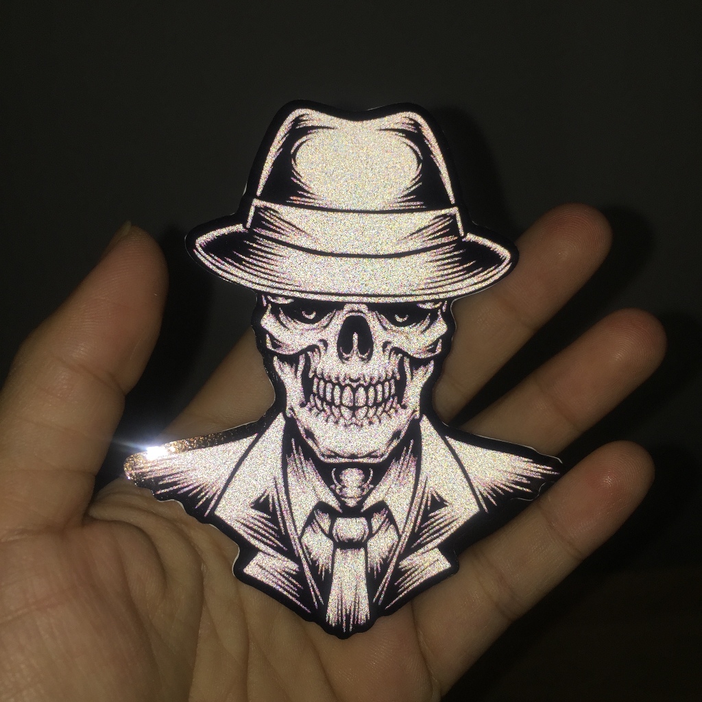 Logo Skull đội nóm phản quang 3M trắng đen cao cấp. Decal chống nước