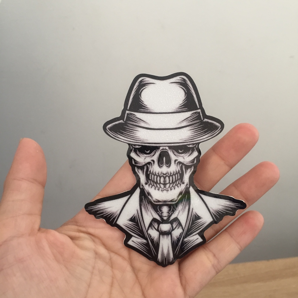 Logo Skull đội nóm phản quang 3M trắng đen cao cấp. Decal chống nước