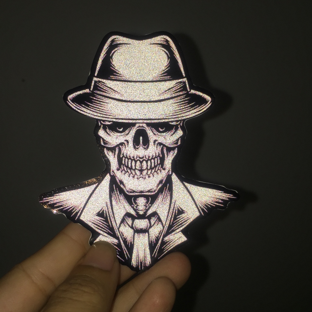 Logo Skull đội nóm phản quang 3M trắng đen cao cấp. Decal chống nước