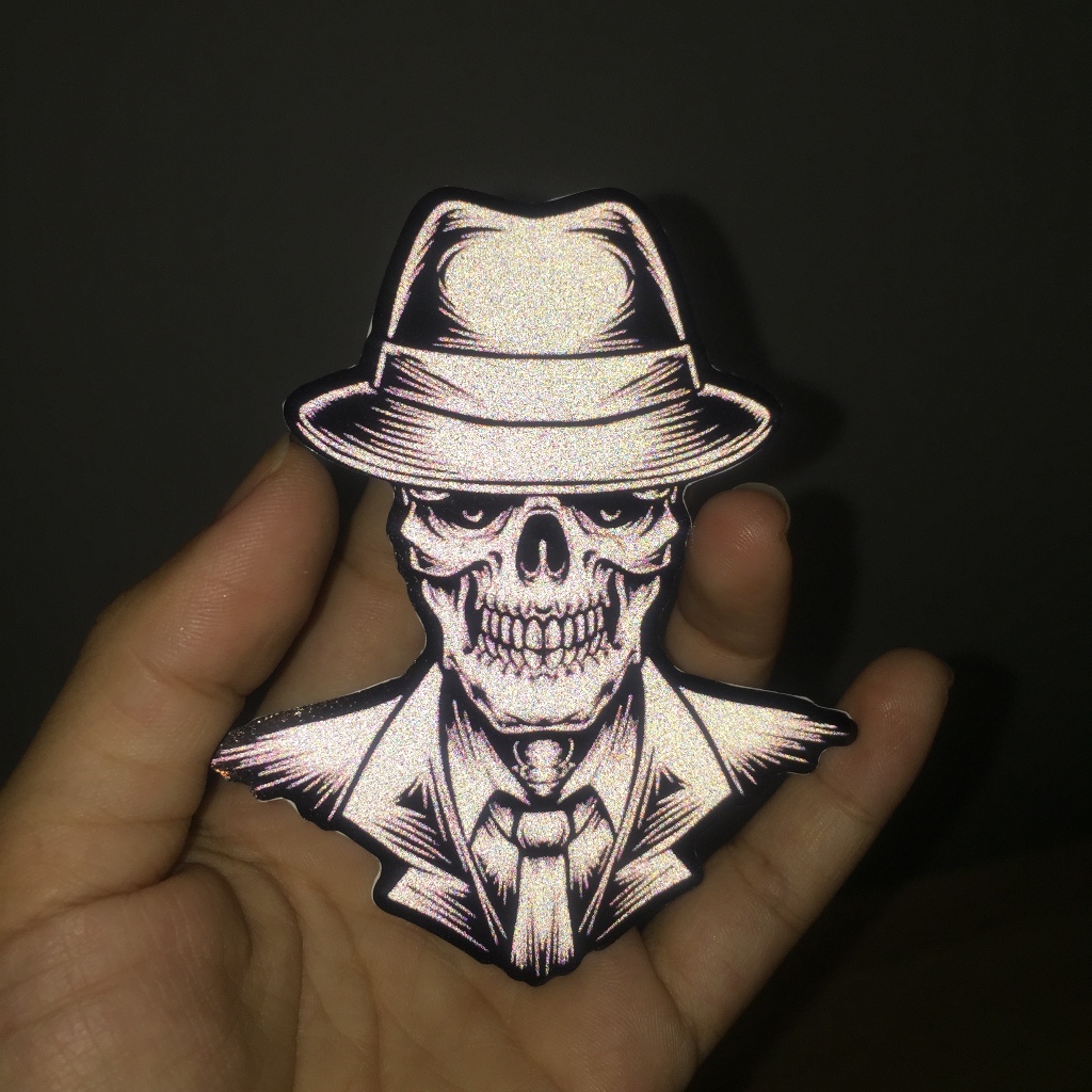 Logo Skull đội nóm phản quang 3M trắng đen cao cấp. Decal chống nước