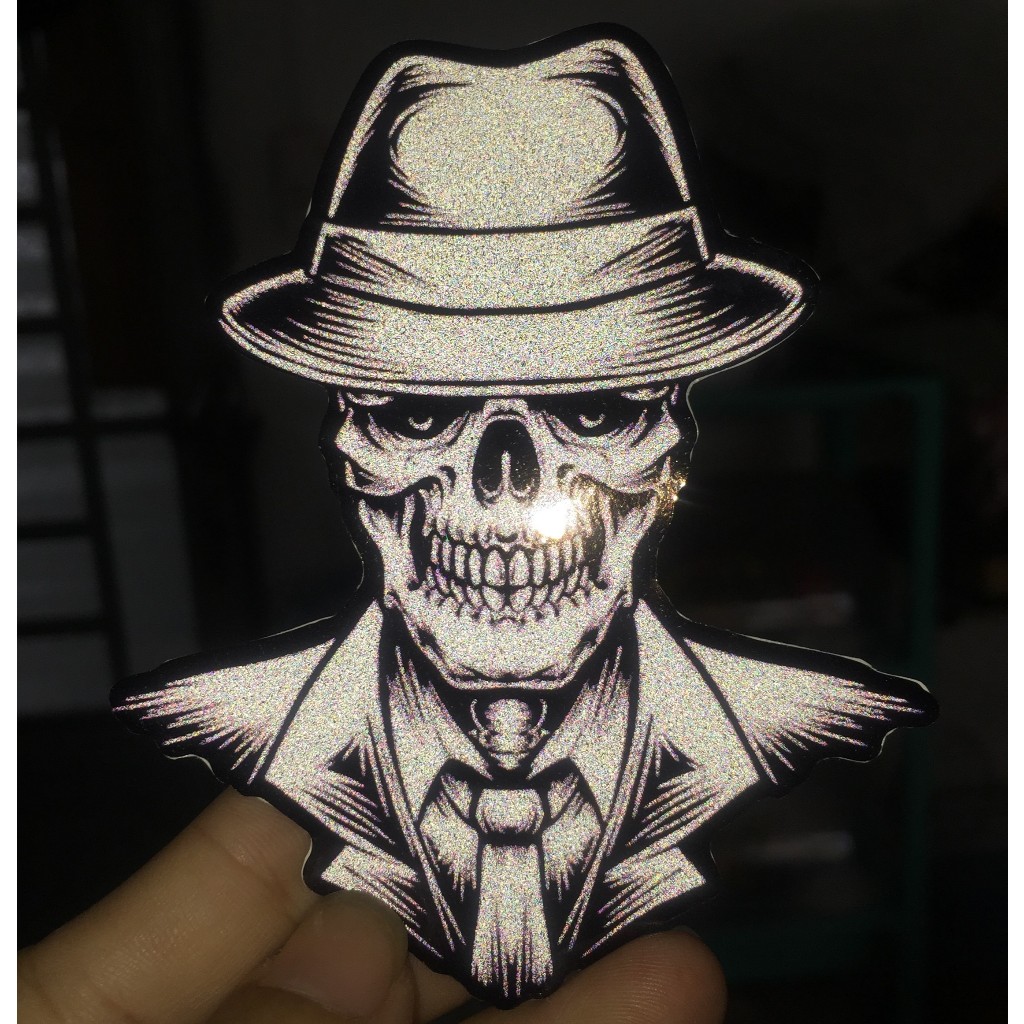 Logo Skull đội nóm phản quang 3M trắng đen cao cấp. Decal chống nước