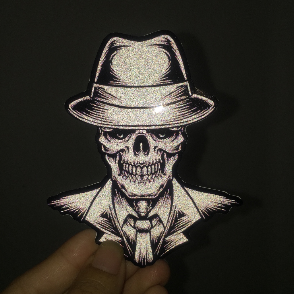 Logo Skull đội nóm phản quang 3M trắng đen cao cấp. Decal chống nước