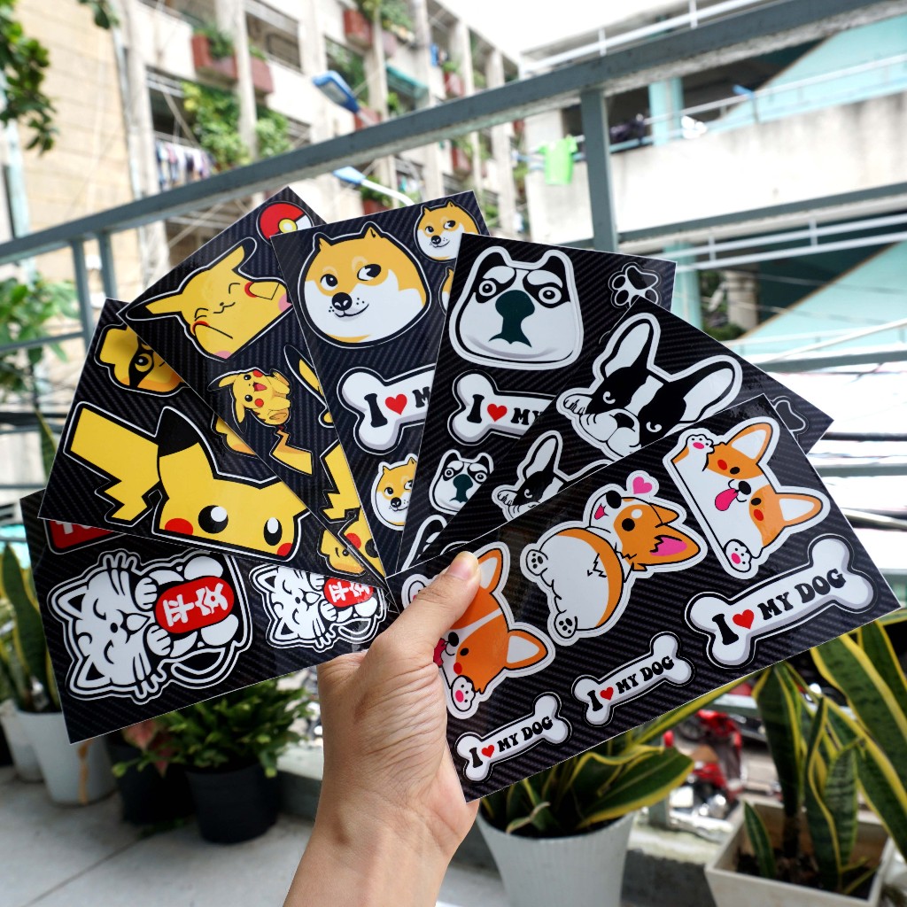 Sticker cute hình dán chó mèo Pikachu dễ thương. Dán điện thoại, laptop, tủ, nón bảo hiểm. Chống nước