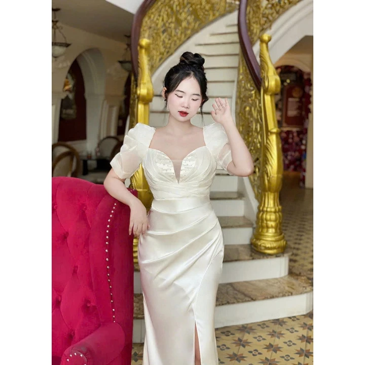 Đầm Dạ Hội Lưới Ngực Kết Cườm, Váy Dạ Tiệc Cao Cấp Trung Niên Bigsize Cao Cấp Mã Dạ Hội M45