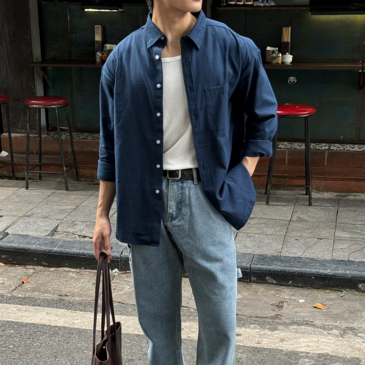 Áo Sơ Mi Nam Oxford Trơn Xanh Dương Thời Trang Cao Cấp Vải Thoảng Mát Mặc Cafe Đi Biên Halley A13